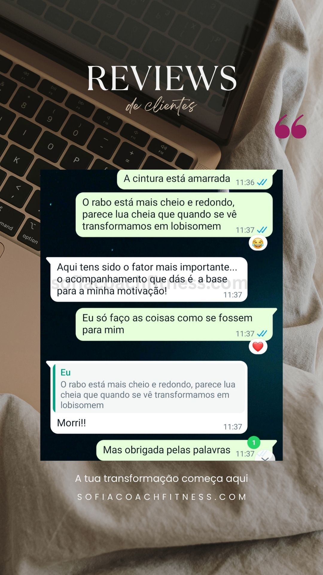 Mensagem de WhatsApp com progresso de transformação corporal e perda de peso